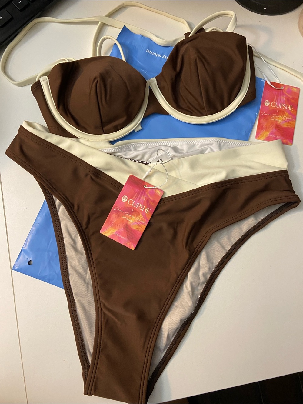 Cupshe Brown & Cream Contrast Underwire Bikini Set (Brand New)